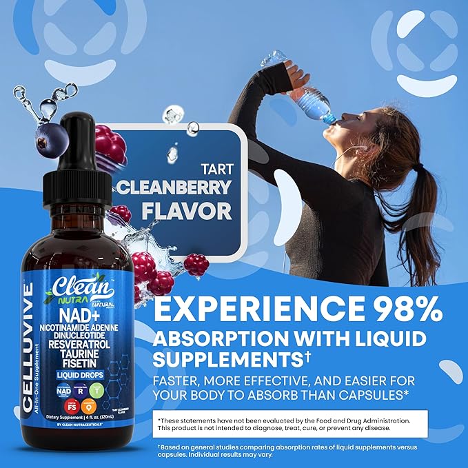 Clean Nutra NAD Liquid Supplement Drops Resveratrol Polyphenols Liposomal Taurine Fisetin Grape Seed Extract Japanese Knotweed Fo Ti Anti Aging NAD+ Nicotinamide Adenine Dinucleotide for Women & Men