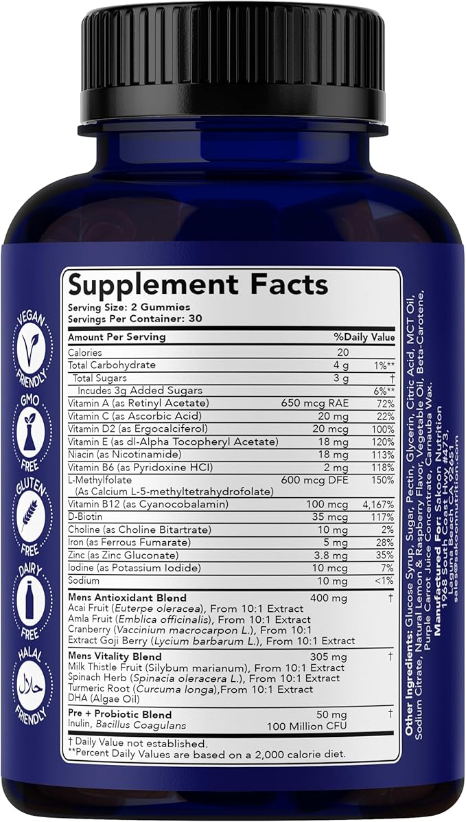 Sakoon nutrition Men's Multivitamin Gummies with Probiotics and Prebiotics, Adult Multivitamin A, C, D, E, B & More, Support Immune, Energy, Health, 60 Count