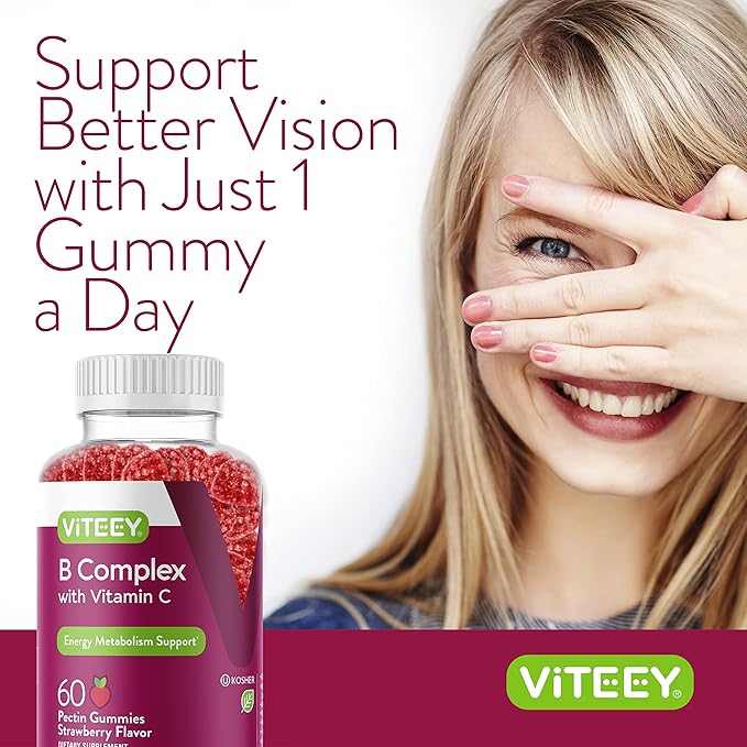 Viteey Vitamin B Complex Gummies with Vitamin C - Energy, Metabolism & Immune Support - B6, B12, Niacin, Folic Acid, Biotin, Calcium - Vegan, Gluten-Free - 120 Count