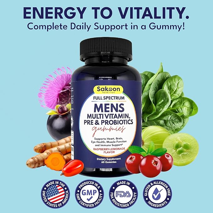 Sakoon nutrition Men's Multivitamin Gummies with Probiotics and Prebiotics, Adult Multivitamin A, C, D, E, B & More, Support Immune, Energy, Health, 60 Count