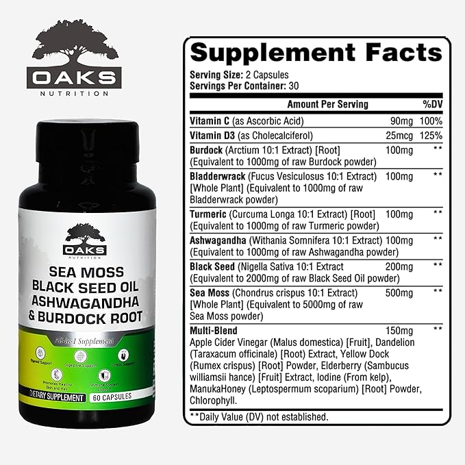 Premium 15-in-1 Sea Moss Multivitamin with Black Seed Oil, Ashwagandha, Turmeric, Bladderwrack, Burdock, Elderberry, Vitamin C & D3, Manuka Honey & ACV ā 60 Capsules