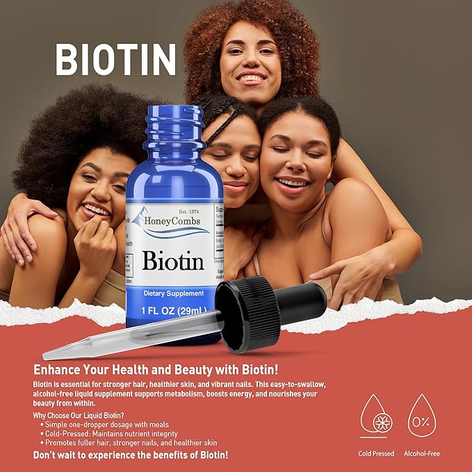 HoneyCombs Vitamin B7 (Biotin) Drops – Liquid Biotin Hair, Skin, Nails Supplement – Digestion & Hair Vitamins - Alcohol-Free, Non-GMO Vitamin Liquid for Healthy Hair, Skin and Nails, 1 Fl Oz.
