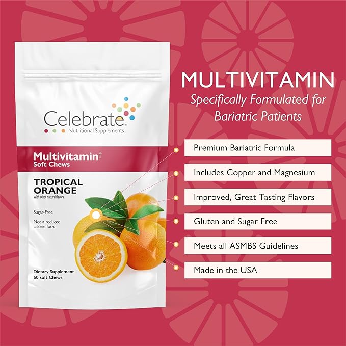 Celebrate Vitamins Bariatric Multivitamin Soft Chews - Essential Vitamins & Minerals, Sugar & Gluten Free - Gastric Bypass & Sleeve Gastrectomy Supplement - Tropical (60ct)