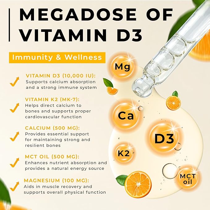 Liquid Vitamin D3 K2 Magnesium Liposomal Drops with 10000 IU Cholecalciferol, MK7, Vitamin A, Calcium, MCT Oil, Organic Sunflower Lecithin for Thyroid Immune Bone Heart Skin ADK Supplement