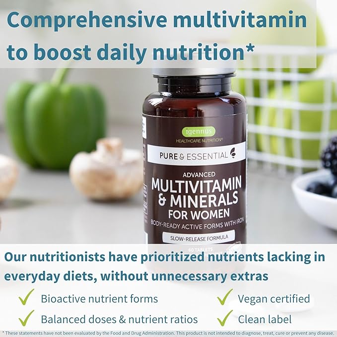 Igennus High Potency Methylated Multivitamin for Women, Pure & Clean Ingredients, MTHFR Supplement with Active B-Vitamins, Vitamin K2 MK7, Gentle Iron, Sustained Released, Non-GMO & Halal, 180 Tablets