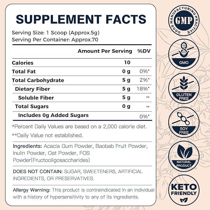 DRFOSTER Prebiotic Fiber Powder Unflavored - Soluble Fiber Supplement with Acacia Fiber & Inulin Powder for Digestive Health and Regularity | 5g Per Scoop, 70 Servings | Gluten & Sugar Free, Vegan
