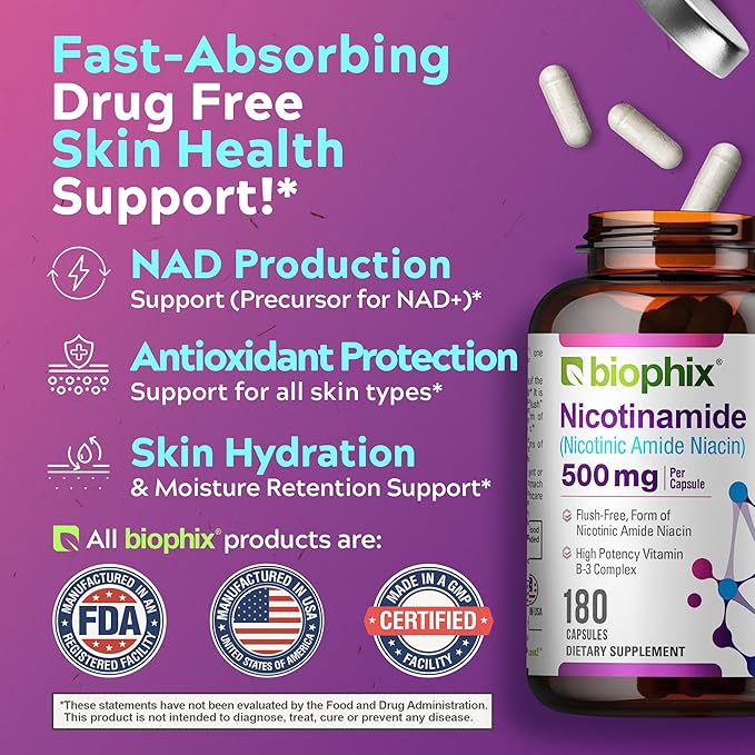 biophix B-3 Nicotinamide 500 mg 180 Caps 2 Pack - Nicotinic Amide Niacin Natural Flush-Free Vitamin Formula - Supports Skin Cell Health