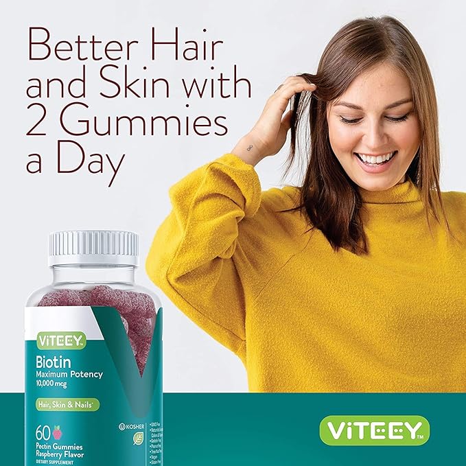 Viteey Biotin Gummies for Hair Skin and Nails - Biotin for Hair Growth Gummies - 10,000 mcg - Vegan, Gluten-Free, Non-GMO – 60 Count