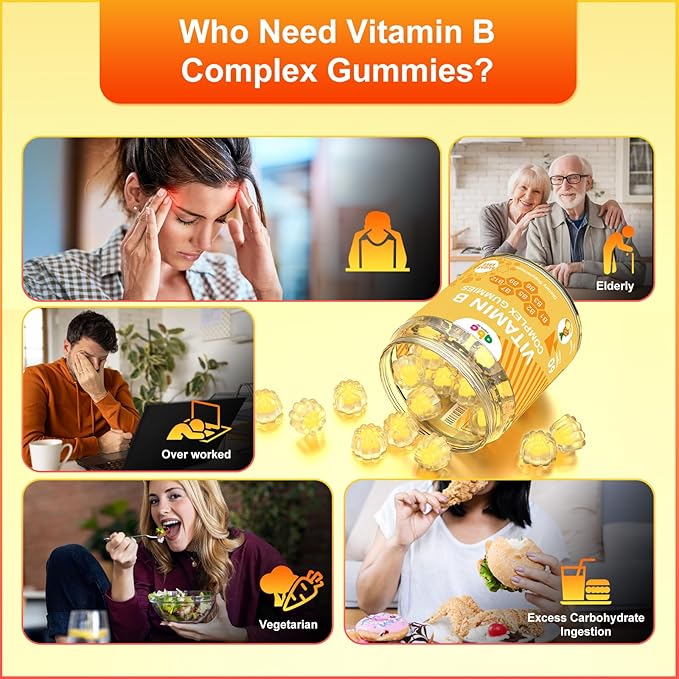 Vitamin B Complex Gummies for Adult Kid-Pineapple Flavor-Chewable Supplement with 8 Essential B Vitamins (B1, B2, B3, B5, B6, B7, B9, B12) Supports Energy,Metabolism & Mood,Non GMO,Vegan 60 Count