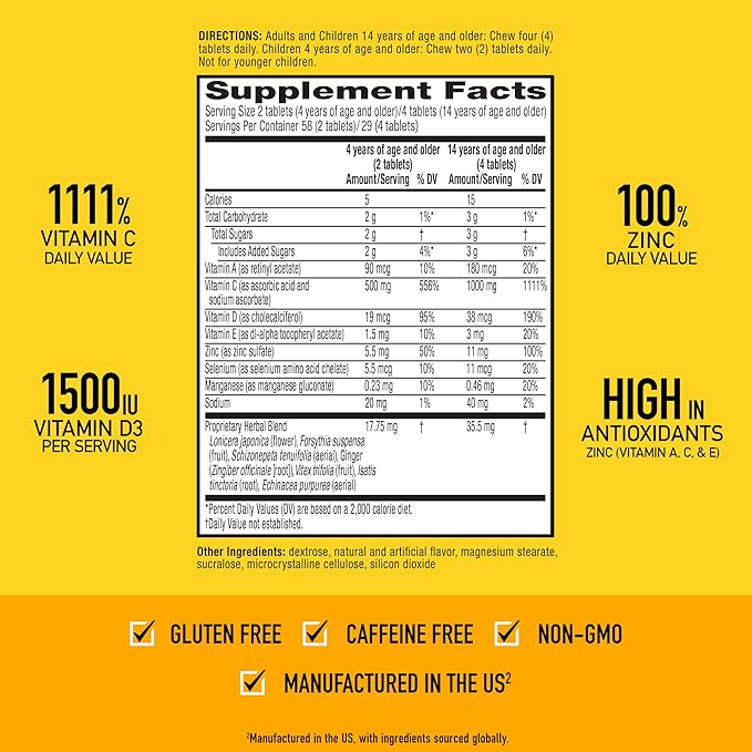 Airborne Vitamin C 1000mg (per Serving) - Citrus Chewable Tablets (116 Count in a Bottle), Gluten-Free Immune Support Supplement, with Vitamins A C E, Zinc, Selenium, Echinacea, Ginger, Antioxidants