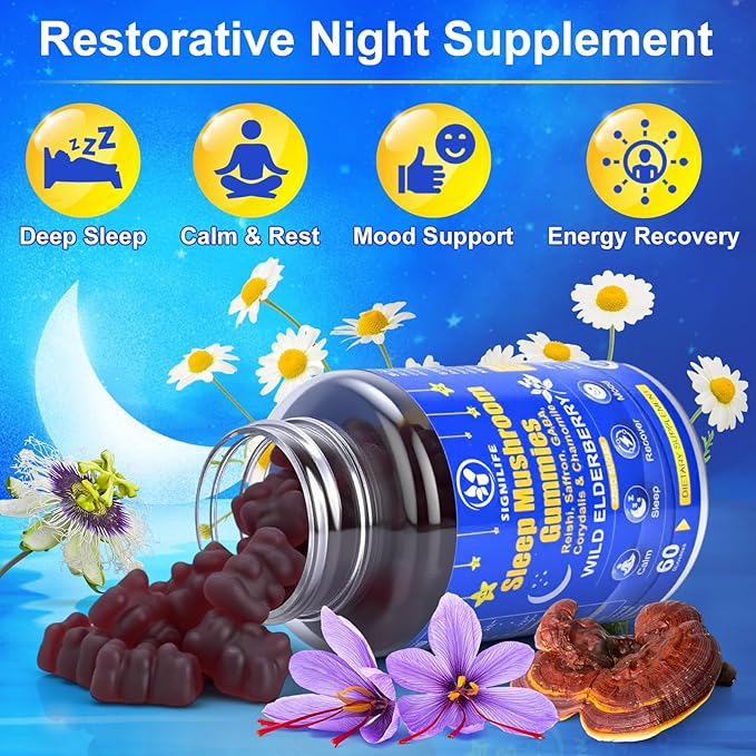 Sleep Mushroom Gummies with Reishi & Saffron -Natural Sleep Aid & Relaxation Supplement, Wild Elderberry Flavor, Non-GMO, No Sugar, 120 Count