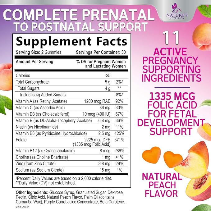 Prenatal Vitamins for Women Gummies, Folic Acid 1335mcg Pregnancy Vitamins for Fetal Support, Vitamin A, C, D3, B12, B6 & Folate, Prenatal Multivitamin Gummy for Pregnant & Nursing Women - 60 Gummies
