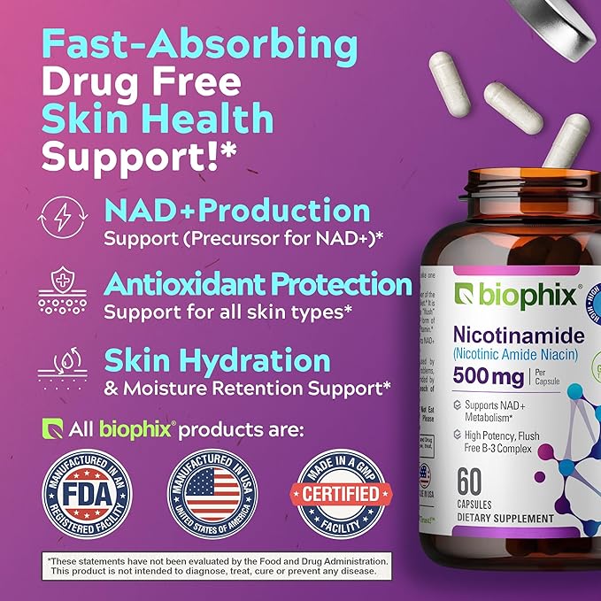 biophix B-3 Nicotinamide 500 mg 60 Caps - Nicotinic Amide Niacin Natural Flush-Free Vitamin Formula - Supports Skin Cell Health