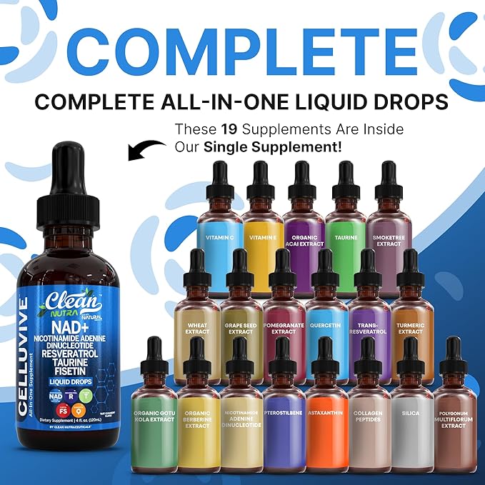 Clean Nutra NAD Liquid Supplement Drops Resveratrol Polyphenols Liposomal Taurine Fisetin Grape Seed Extract Japanese Knotweed Fo Ti Anti Aging NAD+ Nicotinamide Adenine Dinucleotide for Women & Men