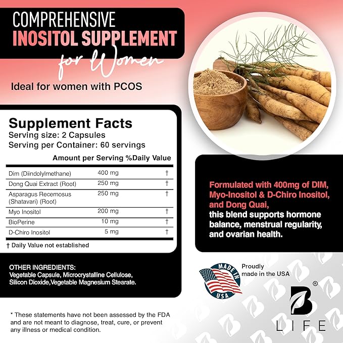 DIM Supplement 400 mg with Myo & D-Chiro Inositol, Dong Quai – Hormone Balance for Women – PCOS Supplements & Fertility Supplements – Inositol Supplement for Women - 120 Caps - 60 Day Supply
