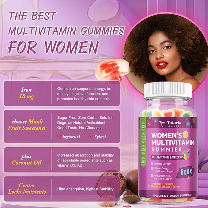 Sugar Free Womens Multivitamin Gummies with Iron, Women's Multivitamin w/Vitamins C, D3 K2, B12, B6, Filled Gummies for Daily Nutritional Support| Immune Support| Skin Health, Mixed Flavors, 60 Cts