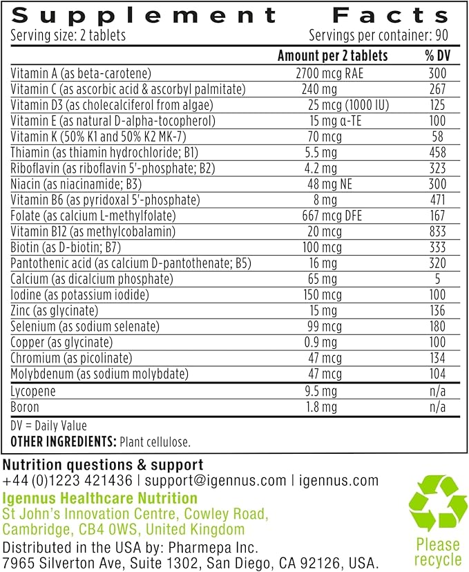 Igennus Methylated Men's Multivitamin with 22 Actives, All-Day Nutrient Delivery, Pure & Clean, Methylfolate & Methylcobalamin, High Strength MTHFR Supplement, Non-GMO & Halal, 180 Tablets