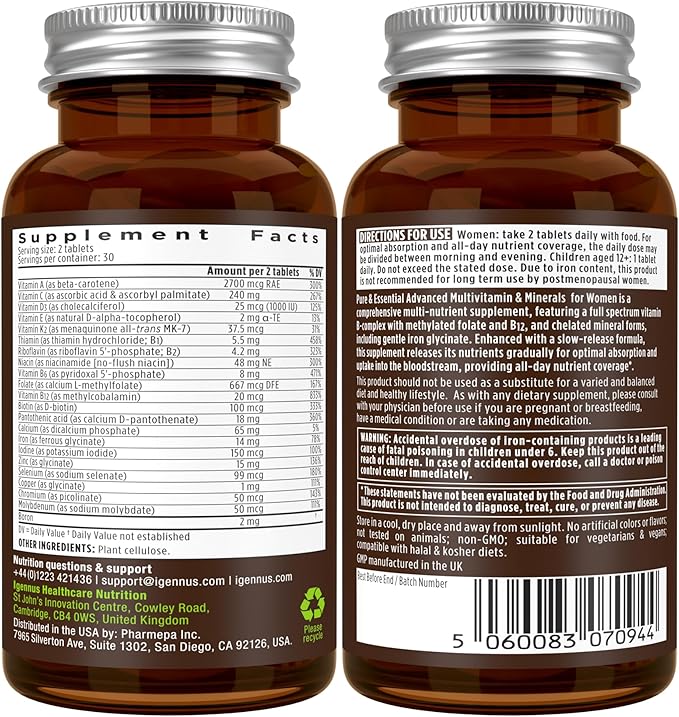 Igennus High Potency Methylated Multivitamin for Women, Pure & Clean Ingredients, MTHFR Supplement with Active B-Vitamins, Vitamin K2 MK7, Gentle Iron, Sustained Released, Non-GMO & Halal, 60 Tablets