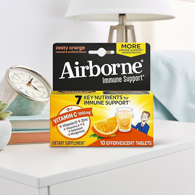 Airborne 1000mg Vitamin C with Vitamin D & Zinc, Sugar Free Multivitamin Immune Support Supplement, Antioxidants Vitamins A C & Vitamin E, 10 Effervescent Tablets, Zesty Orange Flavor