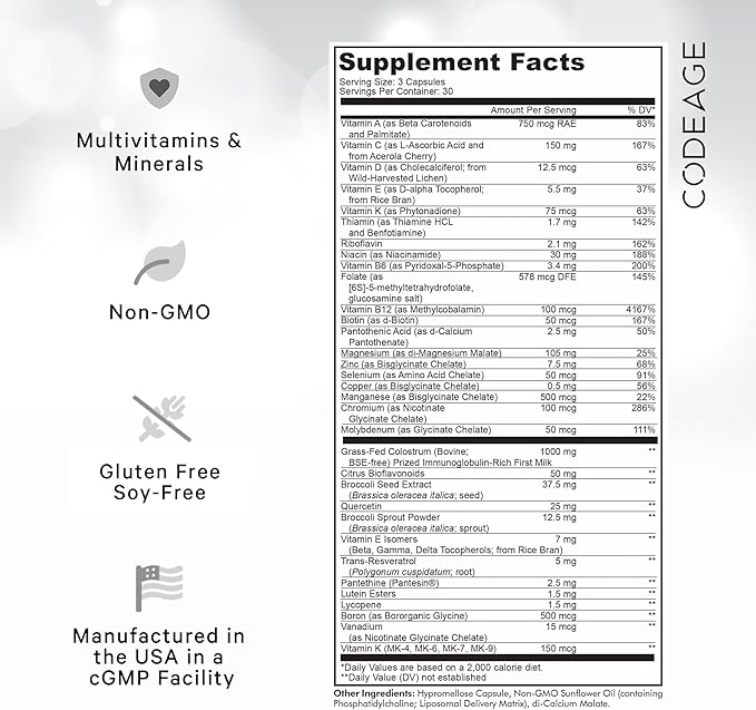 Codeage Multivitamin Recovery Elite Max Supplement - Vitamins A, C, D, E, B-Complex, Essential Minerals, Antioxidants, Colostrum, Phytonutrients, Pantethine, Non-GMO, Sport Multivitamins - 90 Capsules