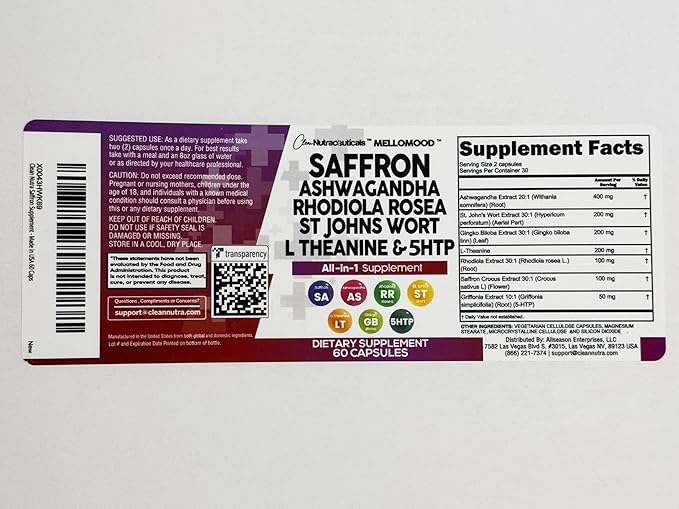 Clean Nutraceuticals Saffron Supplements Extract 100mg + Ashwagandha L-Theanine 200mg - Mood Support Ginkgo Biloba, St. John's Wort, Rhodiola Rosea & 5-HTP Capsules Pills Men Women