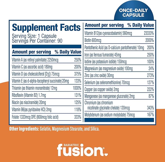 Bariatric Fusion One Per Day Bariatric Multivitamin with Iron | Easy to Swallow Capsule | Vitamin for Bariatric Surgery Patients | Gastric Bypass and Sleeve Gastrectomy | 90 Count | 3 Month Supply