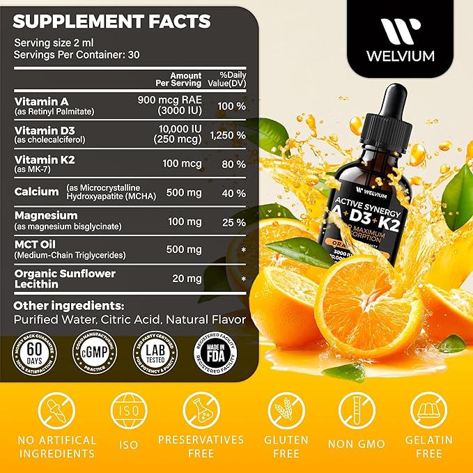 Liquid Vitamin D3 K2 Magnesium Liposomal Drops with 10000 IU Cholecalciferol, MK7, Vitamin A, Calcium, MCT Oil, Organic Sunflower Lecithin for Thyroid Immune Bone Heart Skin ADK Supplement