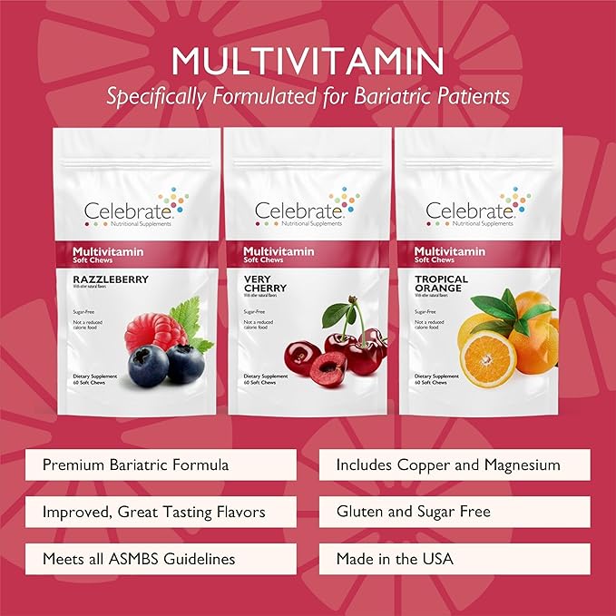 Celebrate Vitamins Bariatric Multivitamin Soft Chews - Essential Vitamins & Minerals, Sugar & Gluten Free - Gastric Bypass & Sleeve Gastrectomy Supplement - Berry/Orange/Cherry (180ct)