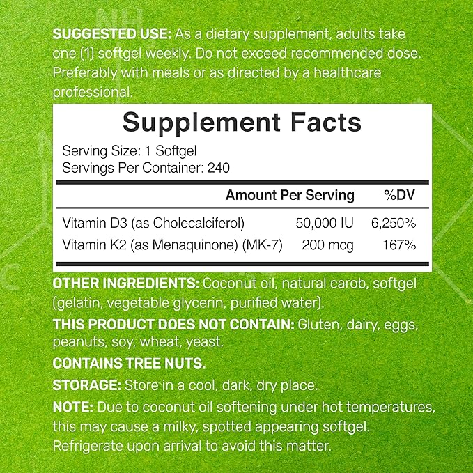 DEAL SUPPLEMENT Vitamin D3 50,000 IU + K2 MK7 200mcg Softgels, 240 Count | 2-in-1 Complex with Virgin Coconut Oil | Supports Heart, Bone, Teeth & Immune Health | Easy to Swallow