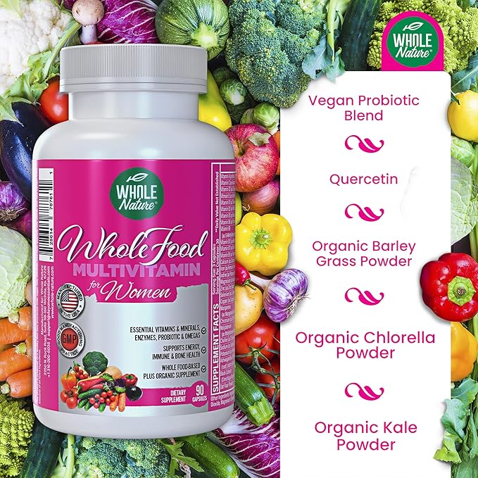 Whole Food Multivitamin for Women Womens Multi Vitamin with Folate, B12 Methyl, Vitamins, Minerals, Probiotics and Omegas, Vegan, Non GMO- 90 Capsules (1) (1)
