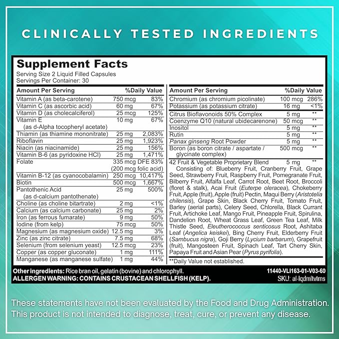 Liquid Multivitamin Complete – 25+ Vitamins & Minerals with 42 Superfood Extracts – Halal Certified – Immune, Energy & Wellness Support – 60 Liquid Capsules – Made in USA