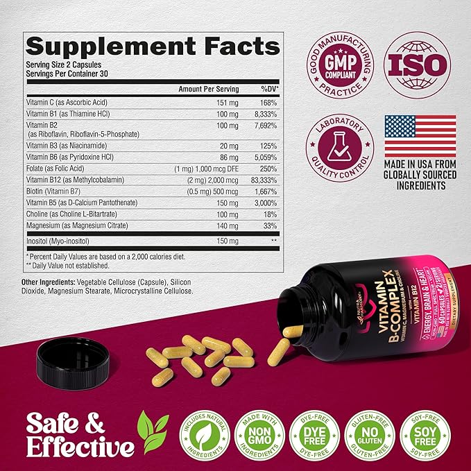 Vitamin B Complex for Men & Women - Riboflavin B2, B12, B1, B3, B5, B6, B7, B8, B9 | Vitamin C, Choline, Inositol - B-Complex Supplement - Energy, Brain & Heart Support - Made in USA, 60 Vegan Caps