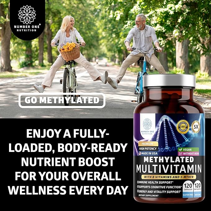 Number One Nutrition Methylated Multivitamin for Women & Men, Natural Daily Multivitamins with Folate, Vitamin B12, Vitamin B2 and B6, Non-GMO, Gluten-Free, 120 Caps