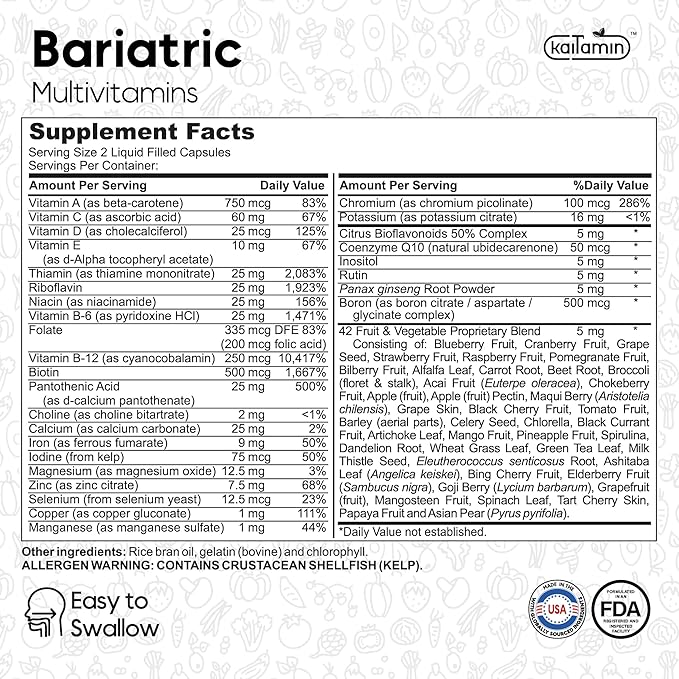Bariatric Multivitamin with Iron - Easy-to-Swallow Capsule for Post Bariatric Surgery - Post Sleeve and Post Bypass with 42 Fruit & Veggies Blend - 60 Liquid Capsules