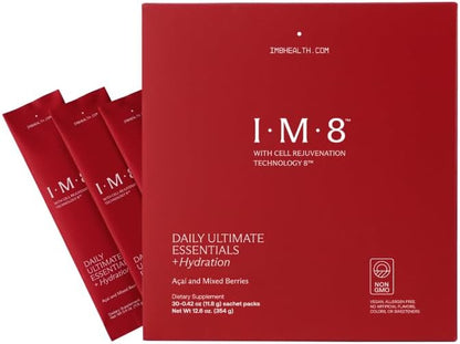 IM8 Daily Ultimate Essentials All-in-One Multivitamin Supplement, 92 Nutrient Rich Ingredients CoQ10, Probiotics, Vitamins, Greens, Gluten Free, Vegan, Acai Mixed Berry (30 Servings, Travel Packs)