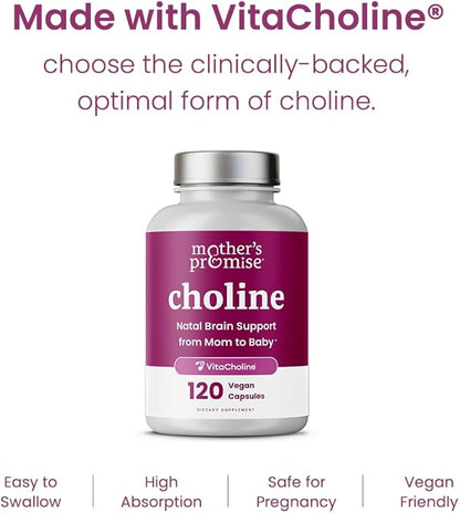 Prenatal Choline Supplements 550mg | 120 Capsules | Supports Baby’s Brain Development & Cognitive Function During Pregnancy & Nursing | Ultra Pure Natal VitaCholine, Vegan Choline Bitartrate for Women