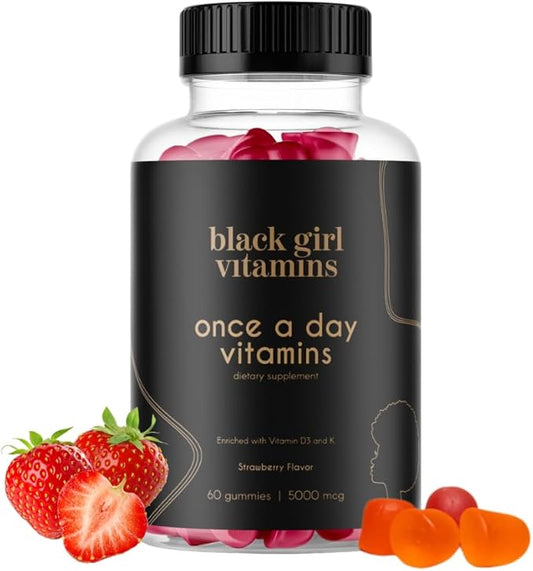 Black Girl Vitamins Once a Day - Womens Multivitamin Gummy - Vitamin A, B, C, E and Zinc. Multivitamin for Women, Immune Support. Vegan, Gluten-Free. Made in The USA (30 Day Supply, Strawberry)