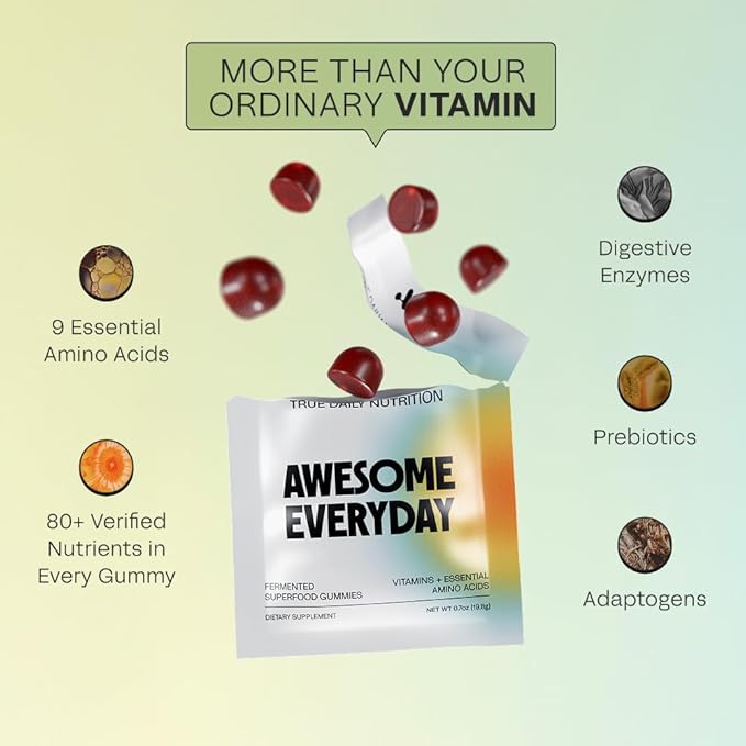 Awesome Everyday Superfood Gummies for Adults – Daily Multivitamin for Women & Men - EAAs, Mushrooms & Adaptogens - Vegan, No Artificial Flavors, Colors or Seed Oils - Essential Amino Acids - 28 Count
