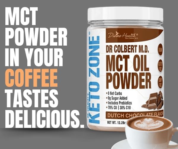 Divine Health Dr. Colbert's Keto Zone MCT Oil Powder | Dutch Chocolate Flavor | 70% C8 | 30% C10 | All Natural Keto Approved for Ketosis | 0 Net Carbs | Gluten Free | 30 Day Supply | 348g |