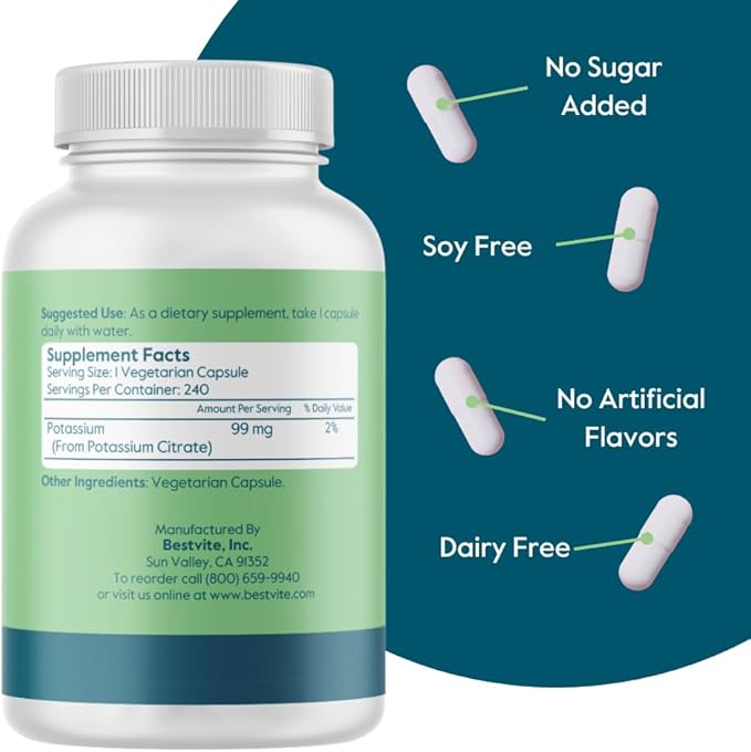 BESTVITE Filler-Free Potassium Citrate 99mg (240 Vegetarian Capsules) - No Stearates - No Fillers - Vegan - Gluten Free - Non GMO - Essential Mineral for Electrolyte Balance*