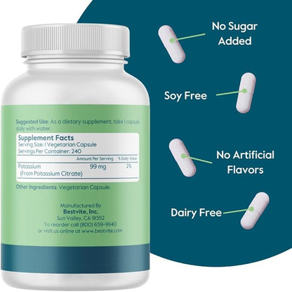 BESTVITE Filler-Free Potassium Citrate 99mg (240 Vegetarian Capsules) - No Stearates - No Fillers - Vegan - Gluten Free - Non GMO - Essential Mineral for Electrolyte Balance*