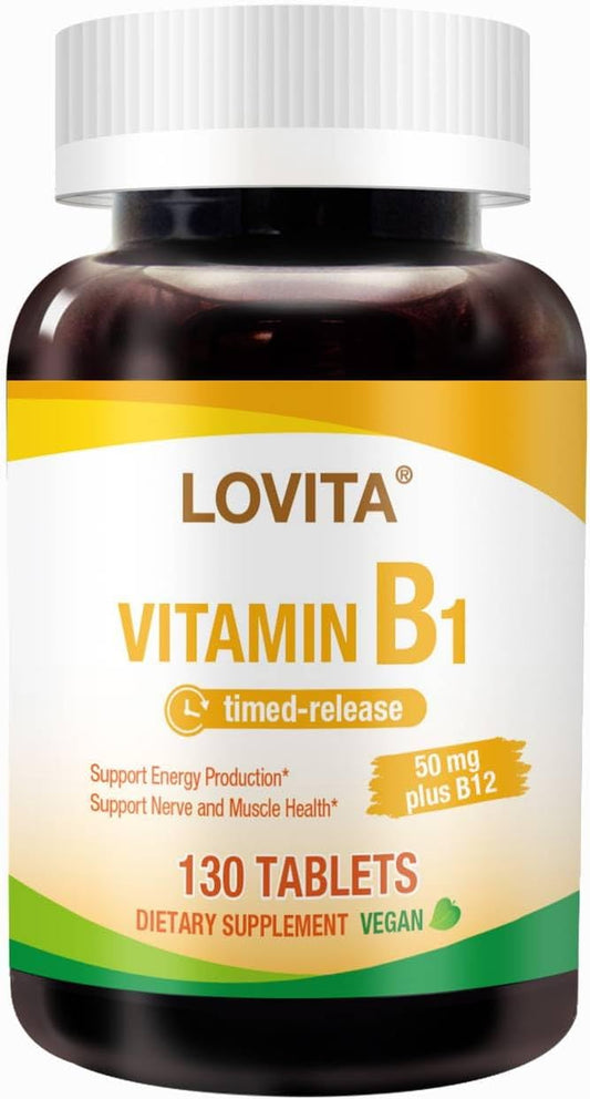 Lovita Vitamin B1 (Thiamine) 50mg, Timed Release, 8 Hours Sustained, with Vitamin B12 100mcg, Support Metabolism & Nerve Health, 130 Vegan Tablet