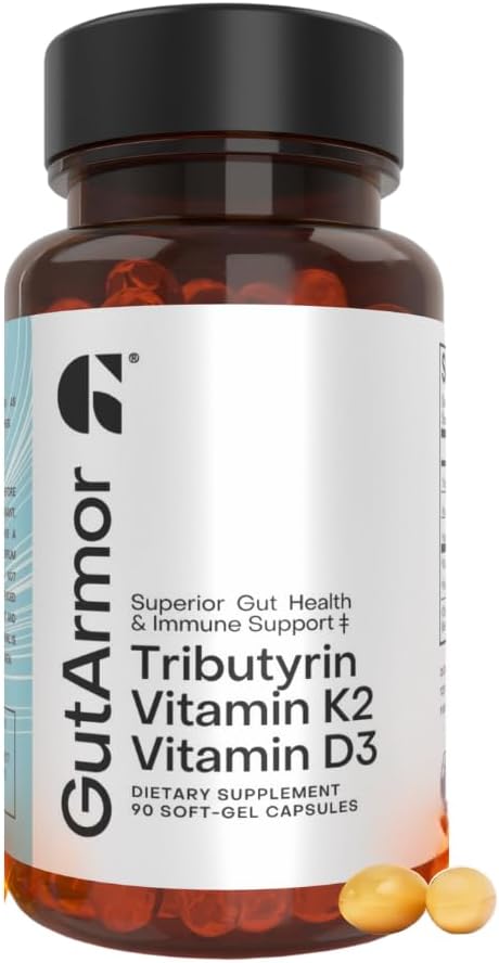 GutArmor Gut & Heart Health + Immune Support | 3 Month Supply | 90 Soft Gel Capsules | Pure Butyrate 350mg & Vitamin D3 2000IUs & Vitamin K2 120mcg | Heart Health | Gastrointestinal Support