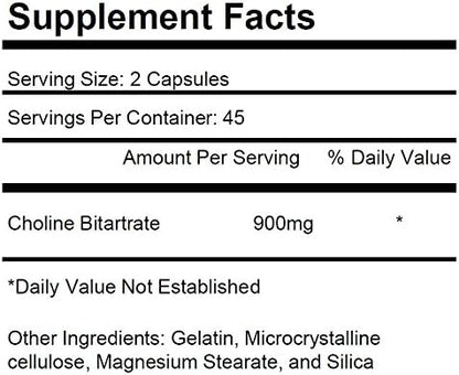 Choline Bitartrate 900mg per serving 90 capsules KRK SUPPLEMENTS