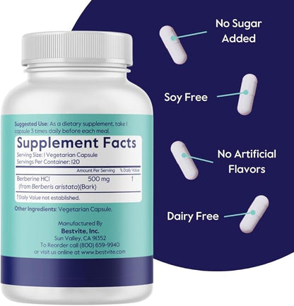 Berberine 500mg Per Capsule (120 Vegetarian Capsules) - No Fillers - No Stearates - No Flow Agents - Vegan - Gluten Free - Non GMO