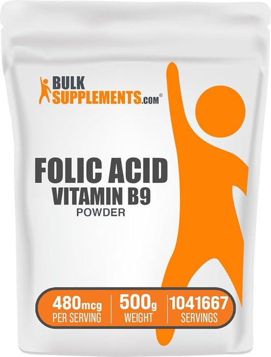 BulkSupplements.com Folic Acid Powder - Folate Supplement, Vitamin B9 - Gluten Free, 480mcg per Serving, 500g (1.1 lbs) (Pack of 1)