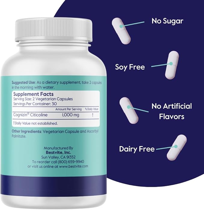 BESTVITE Cognizin Citicoline 500mg (180 Vegetarian Capsules) (60x3) - Clinically Studied Premium Choline Nootropic - No Stearates - Vegan - Gluten Free - Brain Supplements for Memory and Focus