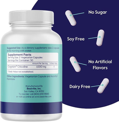 BESTVITE Cognizin Citicoline 500mg (180 Vegetarian Capsules) (60x3) - Clinically Studied Premium Choline Nootropic - No Stearates - Vegan - Gluten Free - Brain Supplements for Memory and Focus