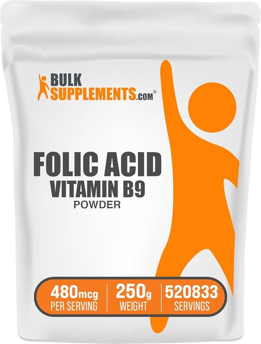 BulkSupplements.com Folic Acid Powder - Folate Supplement, Vitamin B9 - Gluten Free, 480mcg per Serving, 250g (8.8 oz) (Pack of 1)