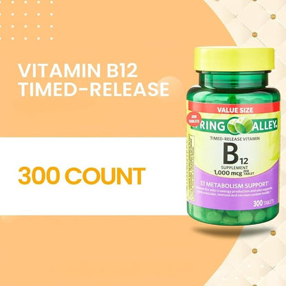 Vitamin B12 Timed-Release Spriing Vallley Tablets Dietary Supplement 1,000 Mcg, 300 Count